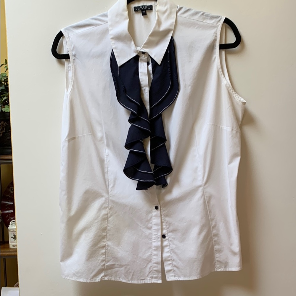 White and Blue Notched Collar Button Down Blouse
